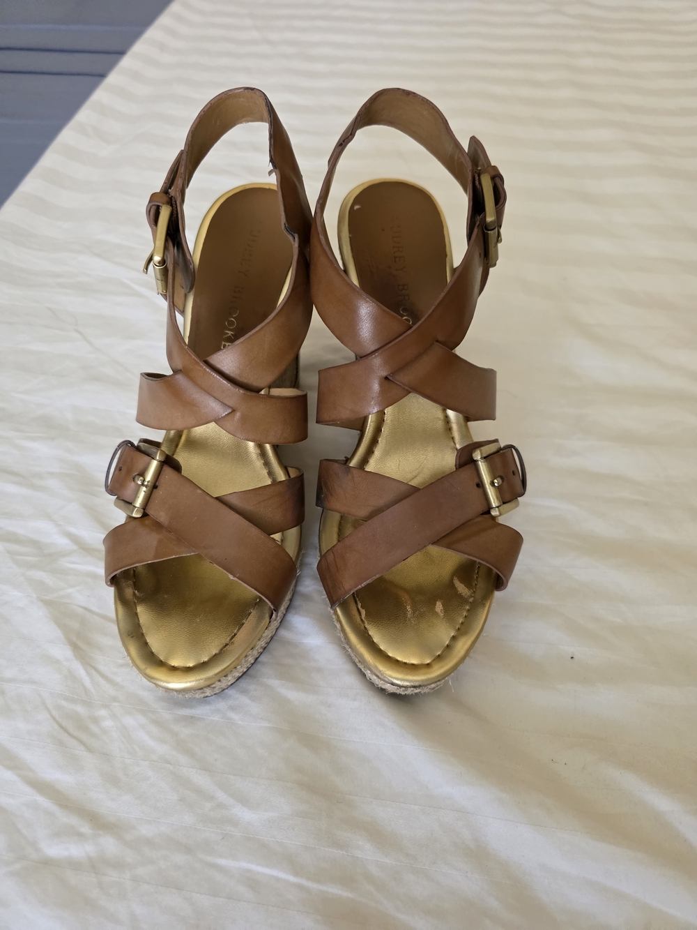 Audrey Brooke Tan Leather Crisscross Wedge Sandals